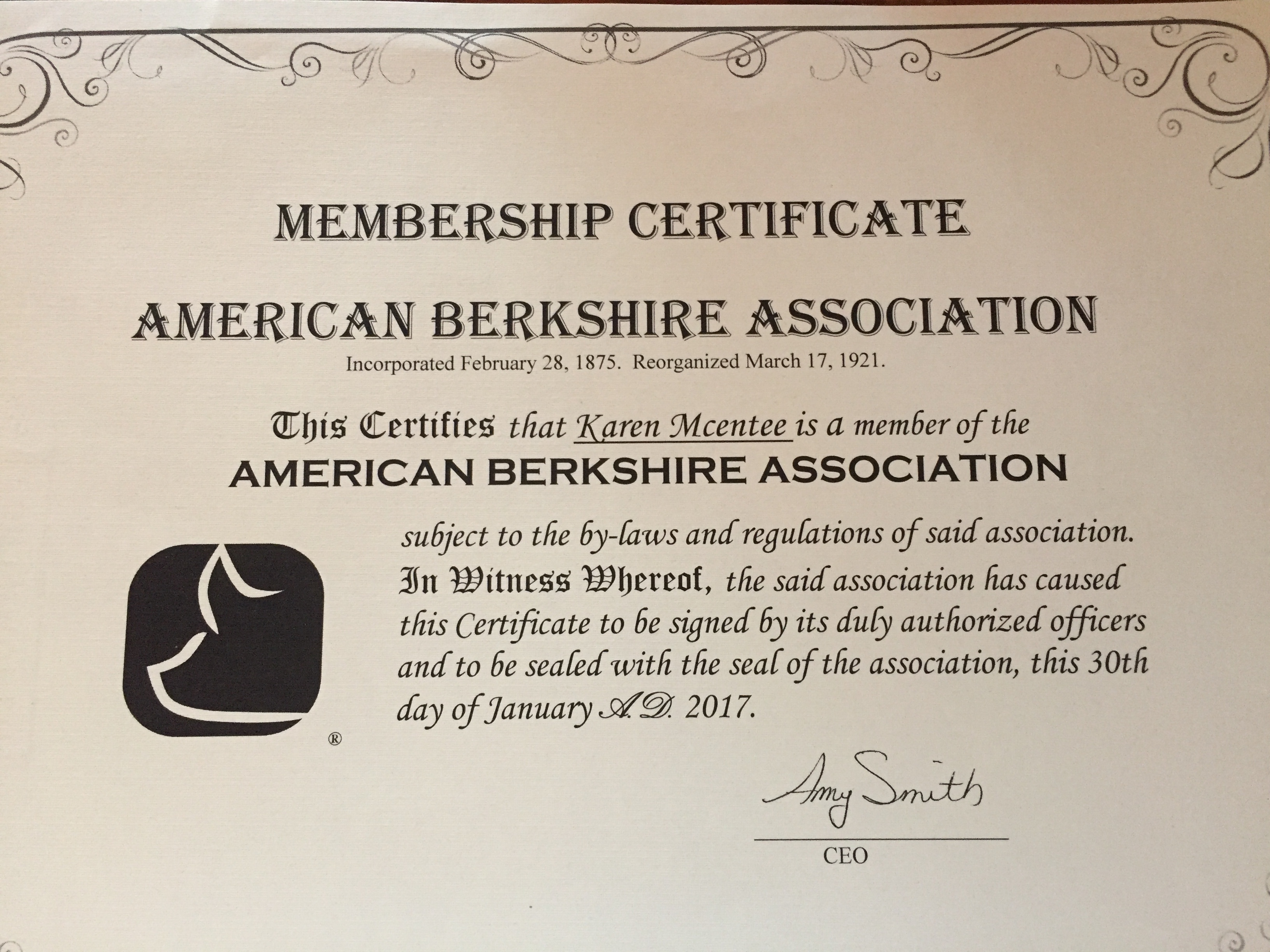 American Berkshire Association Certificate
